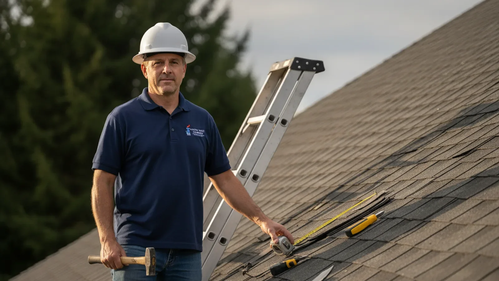 Professional roofer with tools on residential shingle roof during daytime inspection.