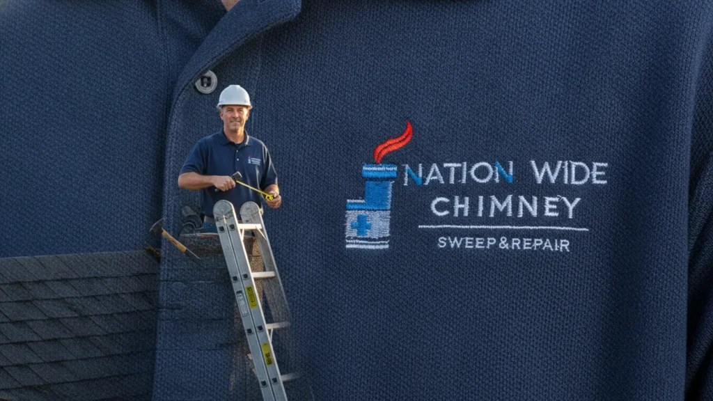 Chimney sweep professional on ladder with branding displayed on textured wall.