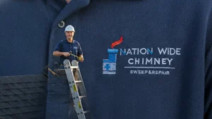 Chimney sweep professional on ladder with branding displayed on textured wall.