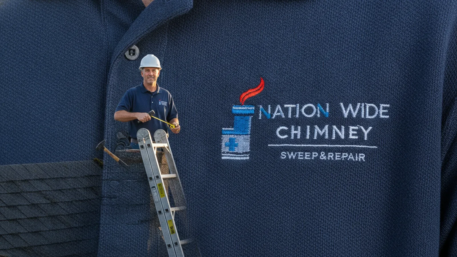 Chimney sweep professional on ladder with branding displayed on textured wall.