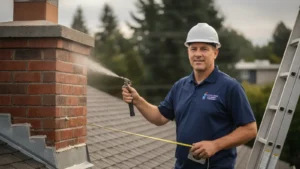 Professional chimney inspector measuring brick chimney on residential roof with measurement tape.