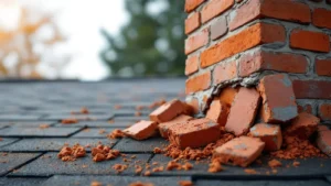 Crumbling brick wall debris scattered on dark roof surface with blurred background