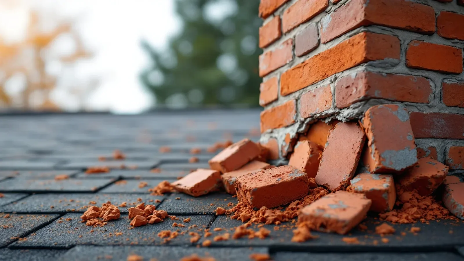 Crumbling brick wall debris scattered on dark roof surface with blurred background
