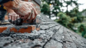 Worker's hands laying brick with mortar in construction masonry work
